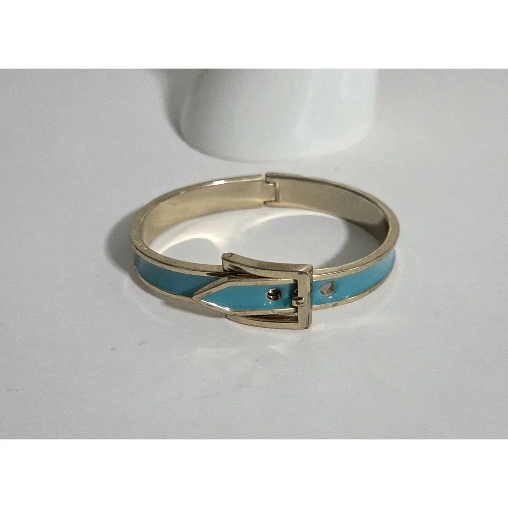 Vintage Gold Tone Retro Teal Green Enamel Belt Buckle Hinged Bangle‎ Bracelet